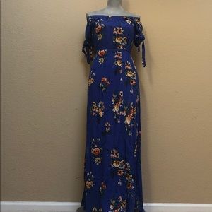 blue/floral off the shoulder summer dress.